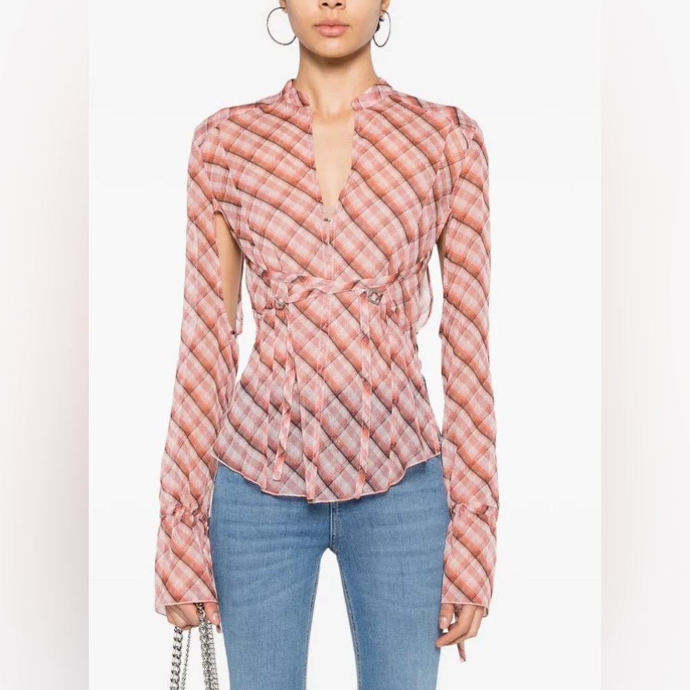 Knwls Plaid Strap Detail Sheer Shirt in Moto Check in size 12